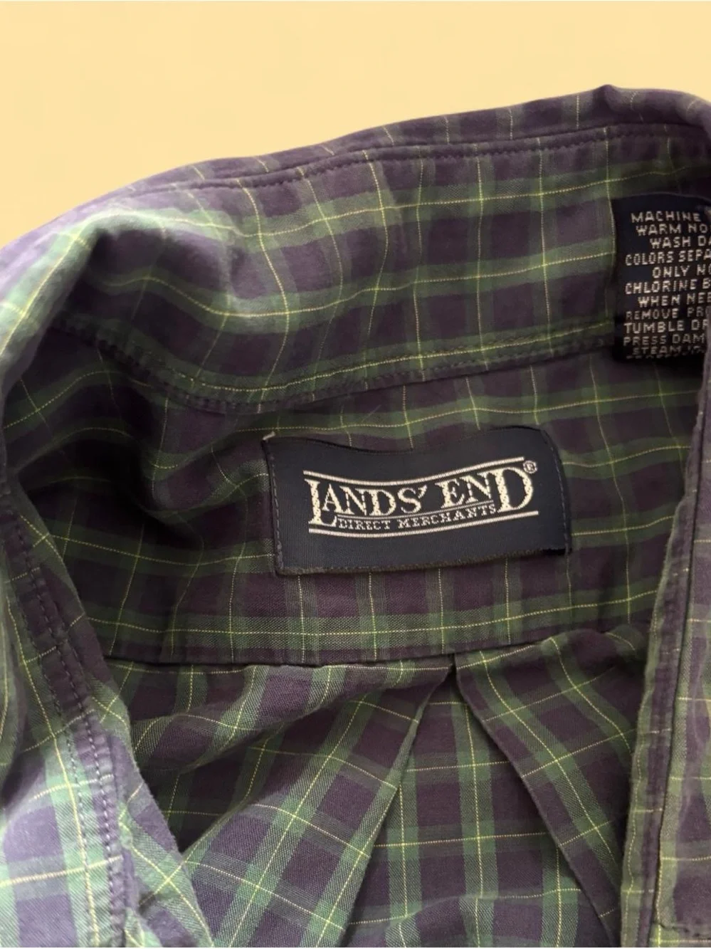 Lands' End Men's Navy and Green Plaid Button-Down Shirt